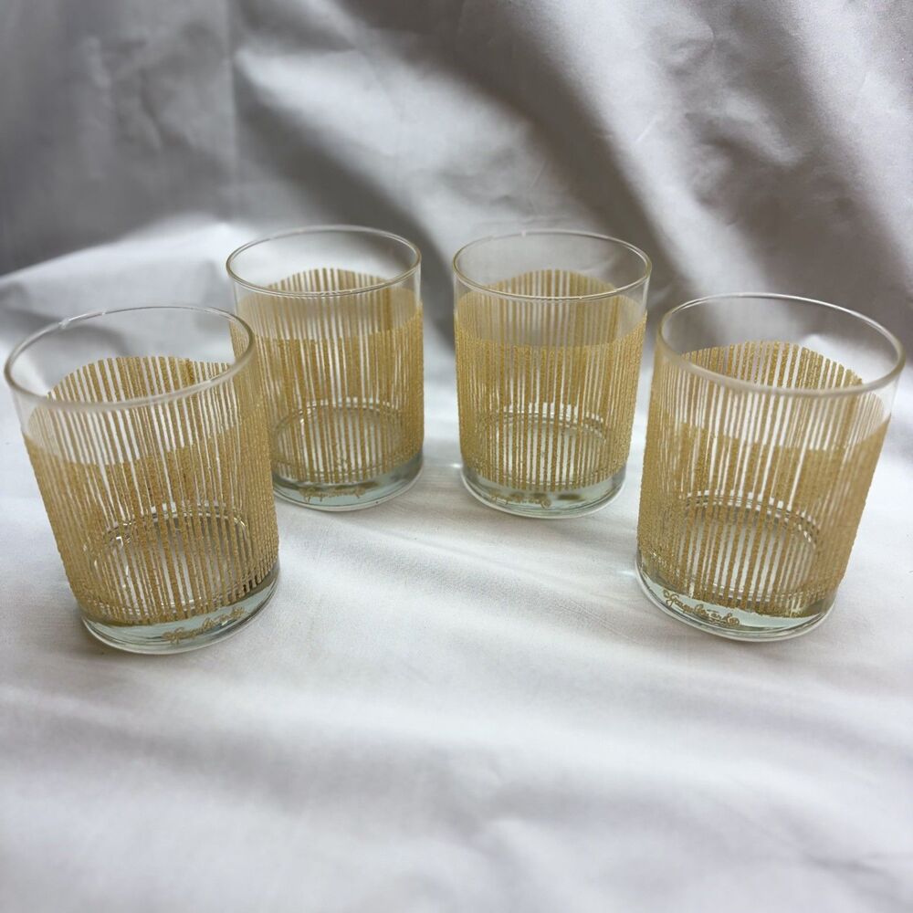 Vintage Georges Briard Gold Icicle Lowball Barware Glasses Textured Lot of 4